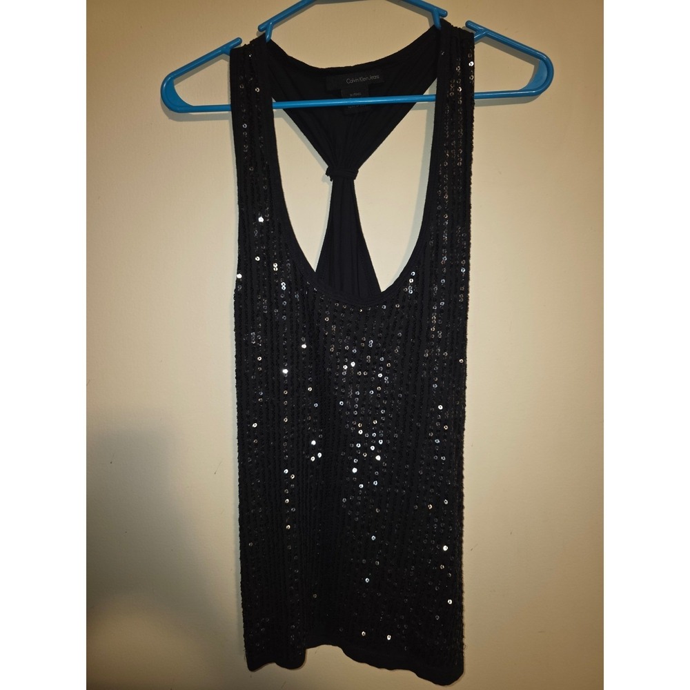 Calvin Klein Jeans Womens XL Black Sequin Racerback Tank Knotted T-Back Shirt